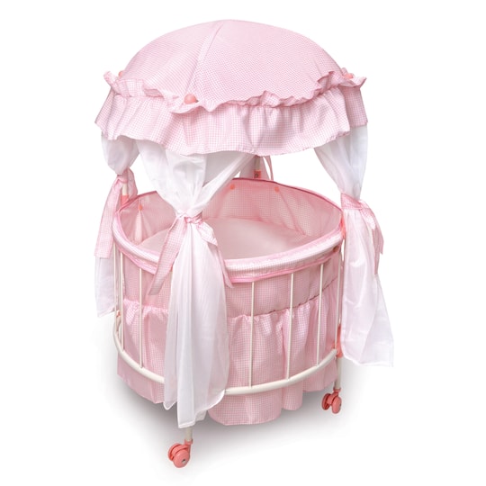 Badger Basket Pink &#x26; White Royal Pavilion Round Doll Crib with Canopy &#x26; Bedding